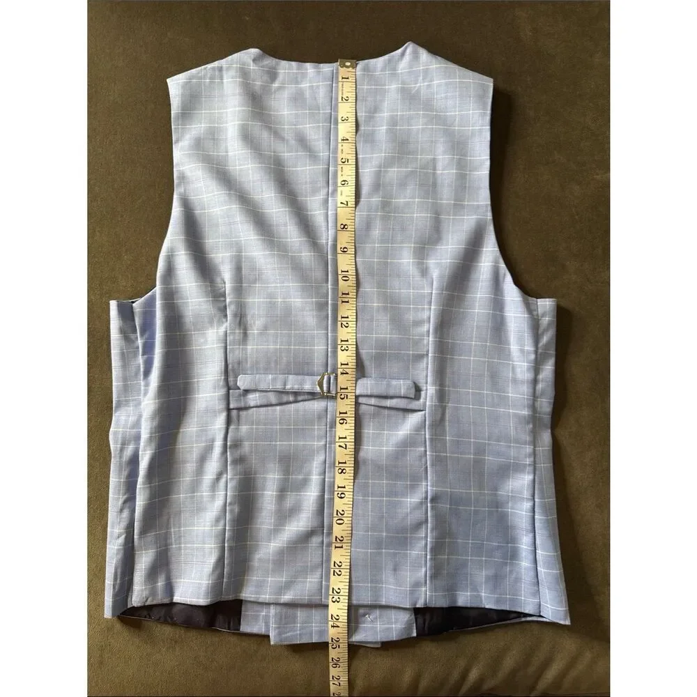 Men’s Light Blue Windowpane Double-Breasted Vest V-Neck Size 36 NWOT